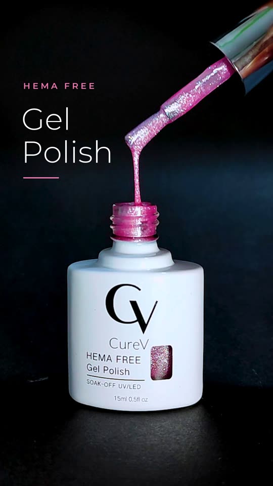 CureV gel polish bottle with pink polish pouring from the brush